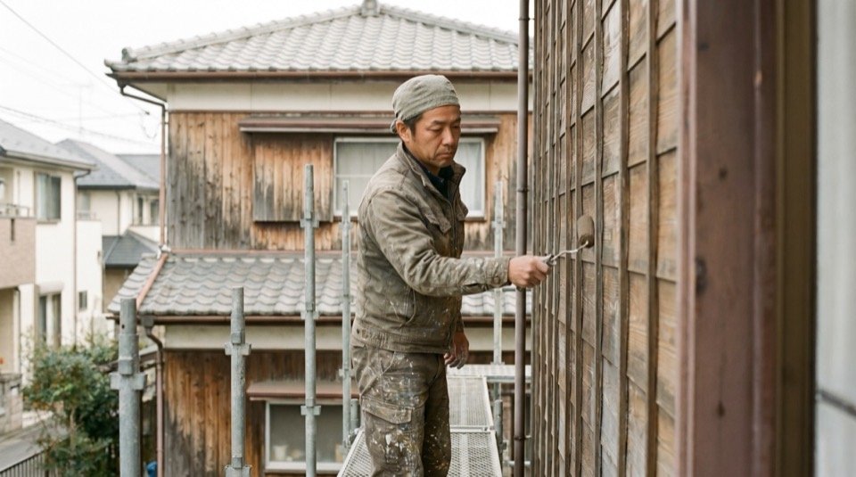 住宅の足場で外壁を塗装する職人