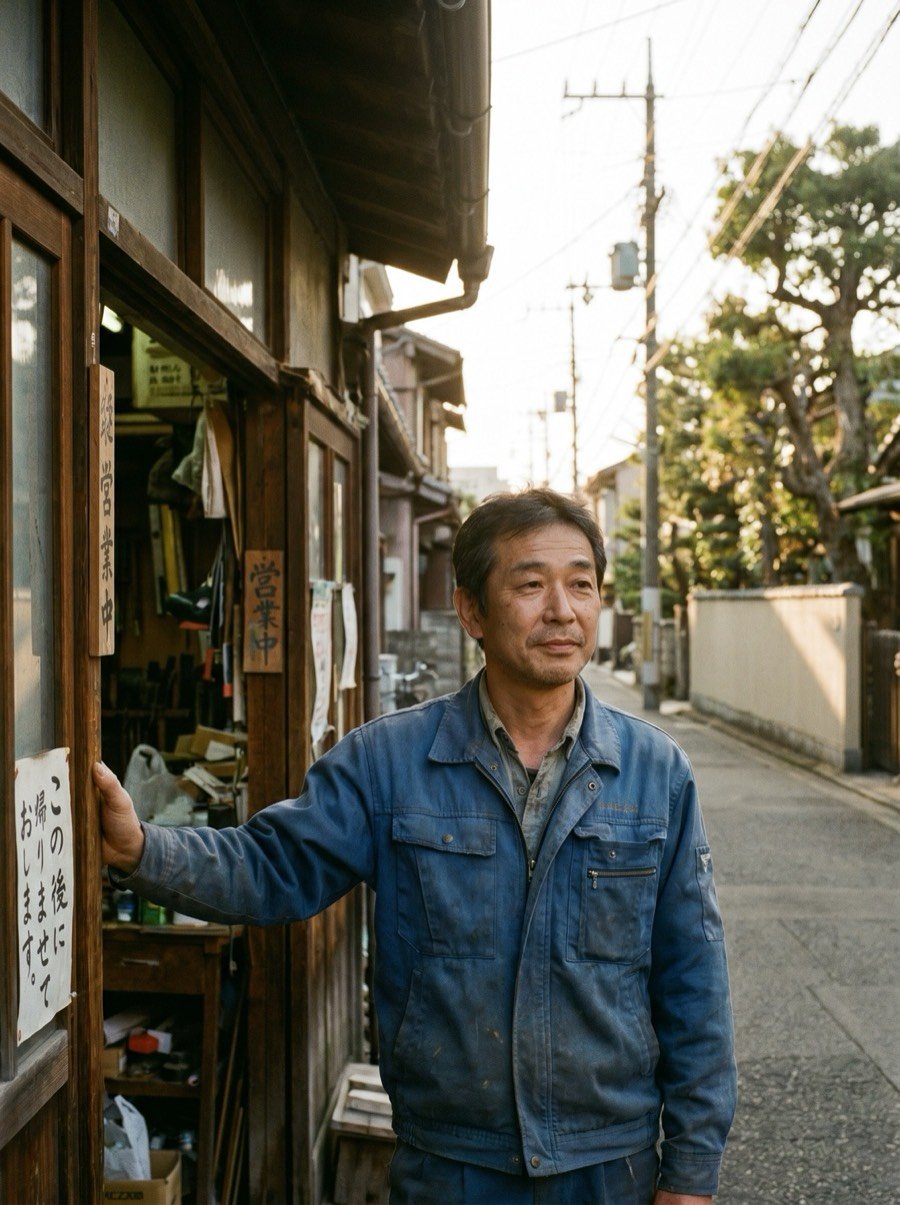 夕方の住宅街で、自分の工房の前に立つ地域の職人