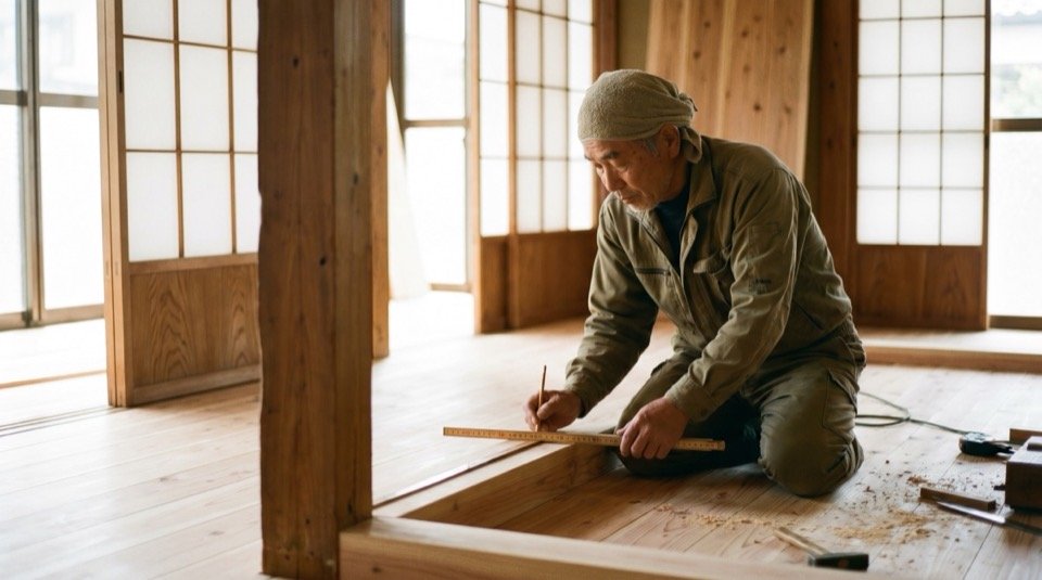 明るい和の住まいで採寸するリフォーム職人