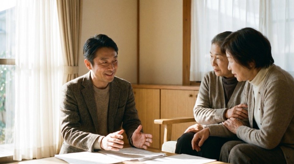 高齢のご夫婦に寄り添って相談を受ける専門家